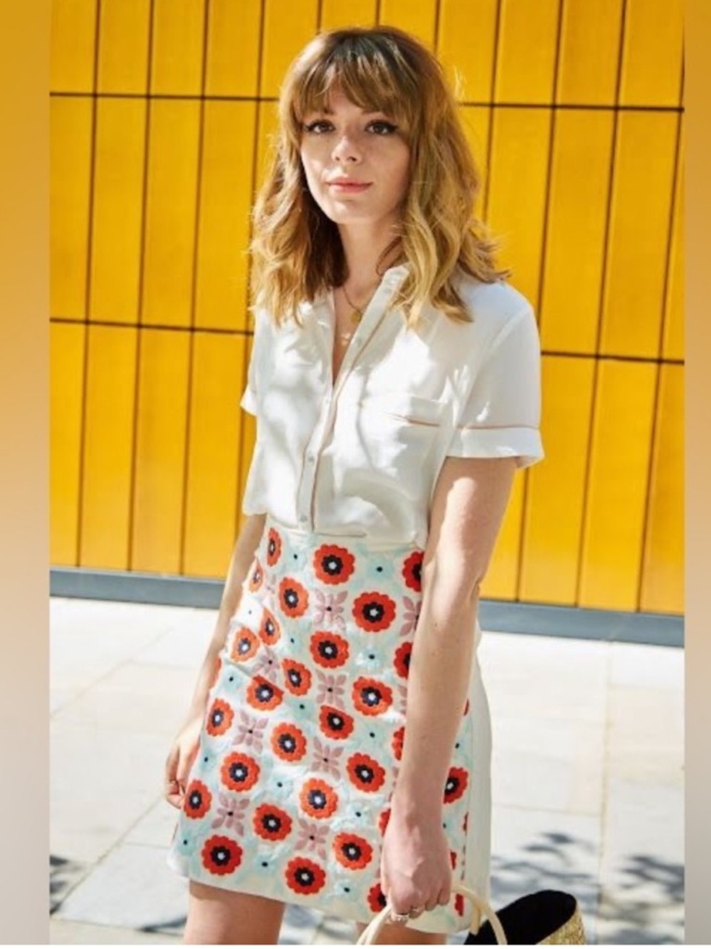 Boden white Summer Flowers Embroidered Coachella skirt red and blue floral